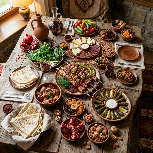 Traditional Armenian cuisine with lavash, dolma, and khorovats